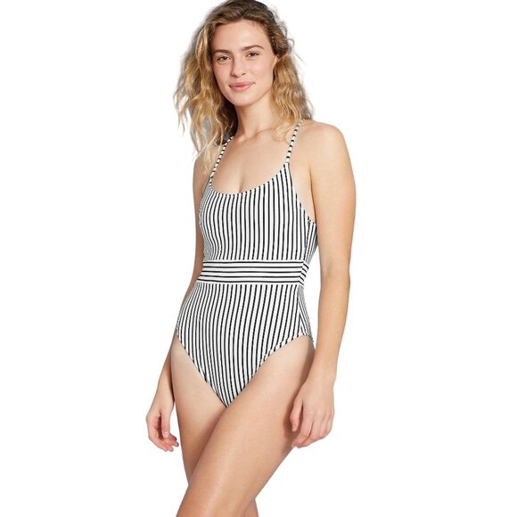 Shore and Shade NWOT Stripped Body Con Mom One Piece Bathing Suit L - Picture 3 of 7